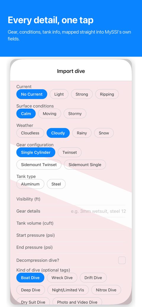 Gear, conditions, and tank info mapped straight into MySSI's own fields