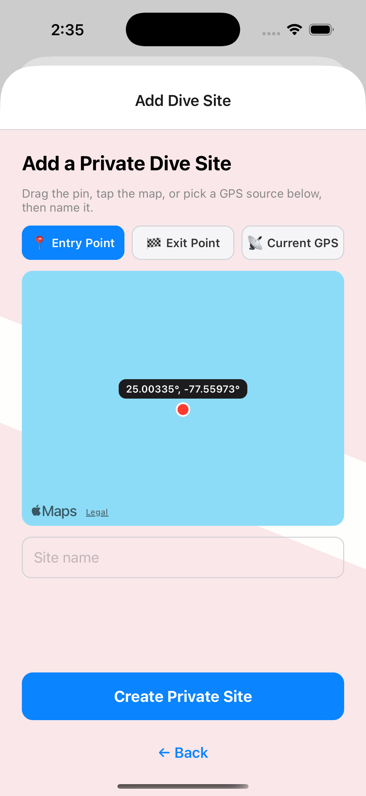 Adding a private dive site, with Entry Point, Exit Point, and Current GPS source chips above the map