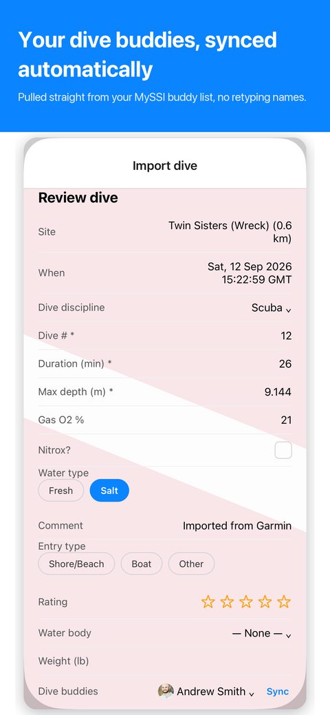 Dive buddies synced automatically from your MySSI buddy list, with photos