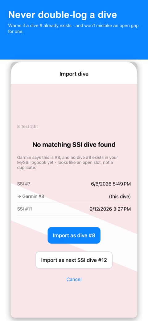 FitDive warns before a duplicate dive number, and tells a real gap from one