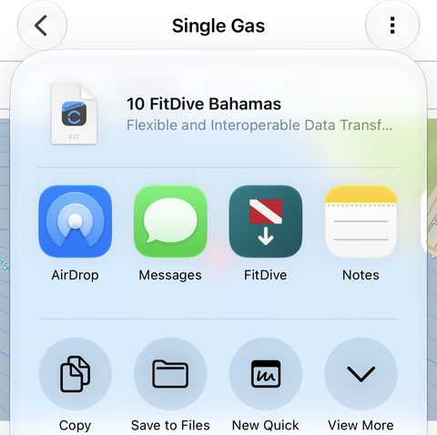 Sharing a dive from the Garmin Dive app's share sheet, with FitDive as one of the options