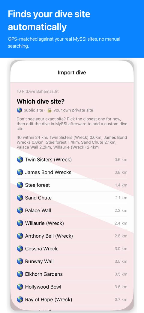 FitDive automatically finds your dive site from GPS, matched against your real MySSI sites
