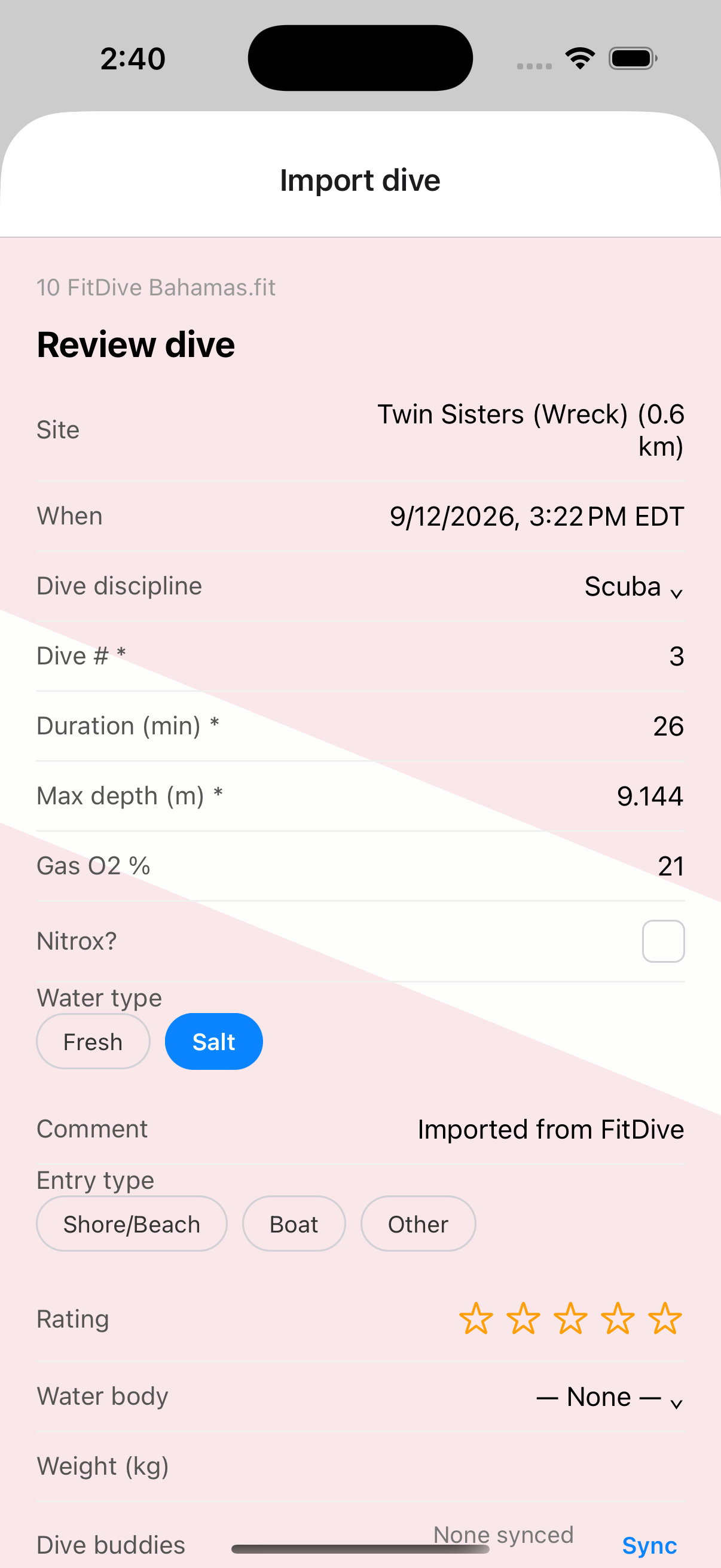 FitDive's Review screen, showing a decoded Garmin dive's site, time, discipline, dive number, duration, depth, and gas before submitting