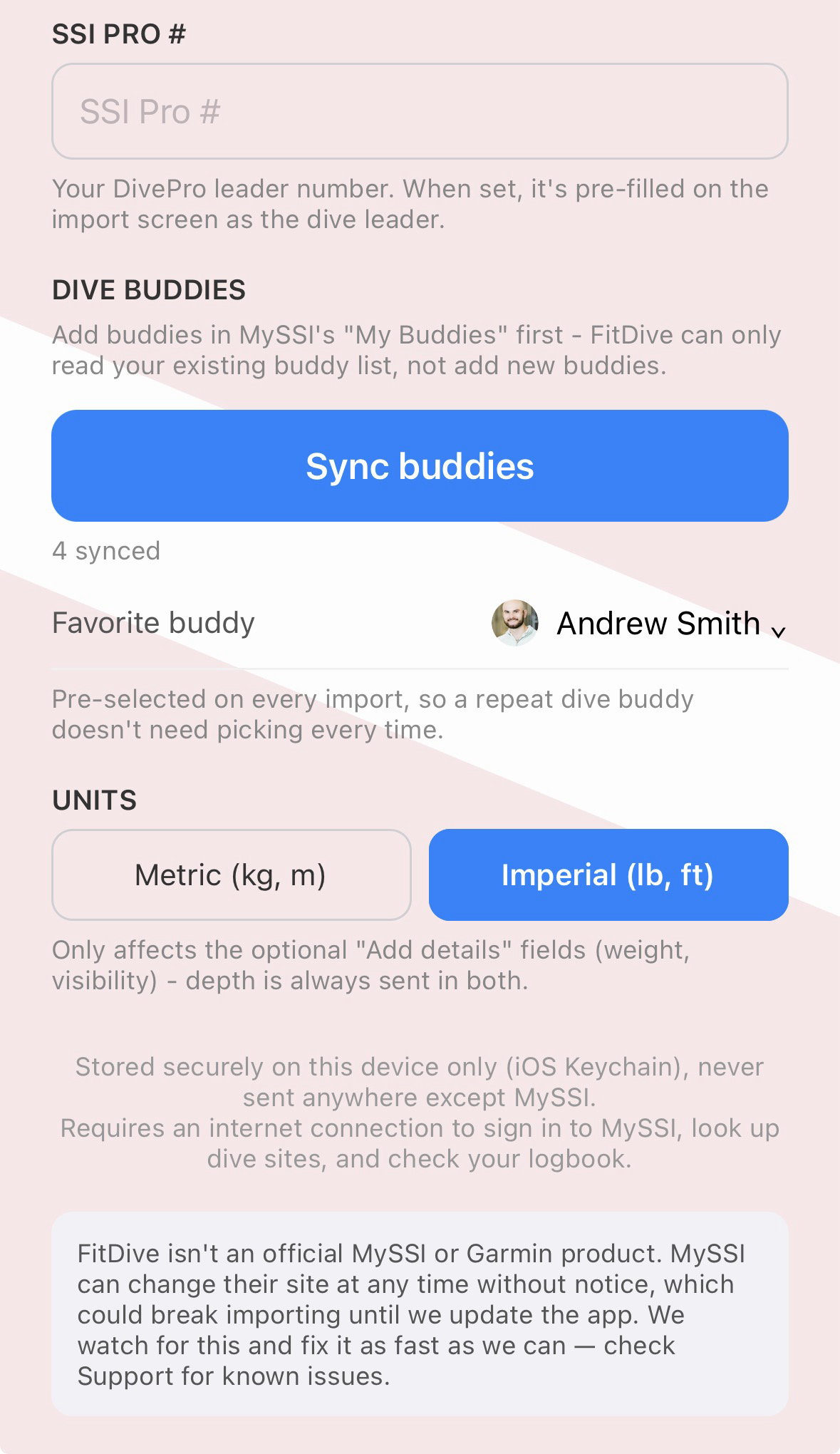 Settings screen showing SSI Pro number, buddy sync with a favorite buddy set, and the metric/imperial units toggle