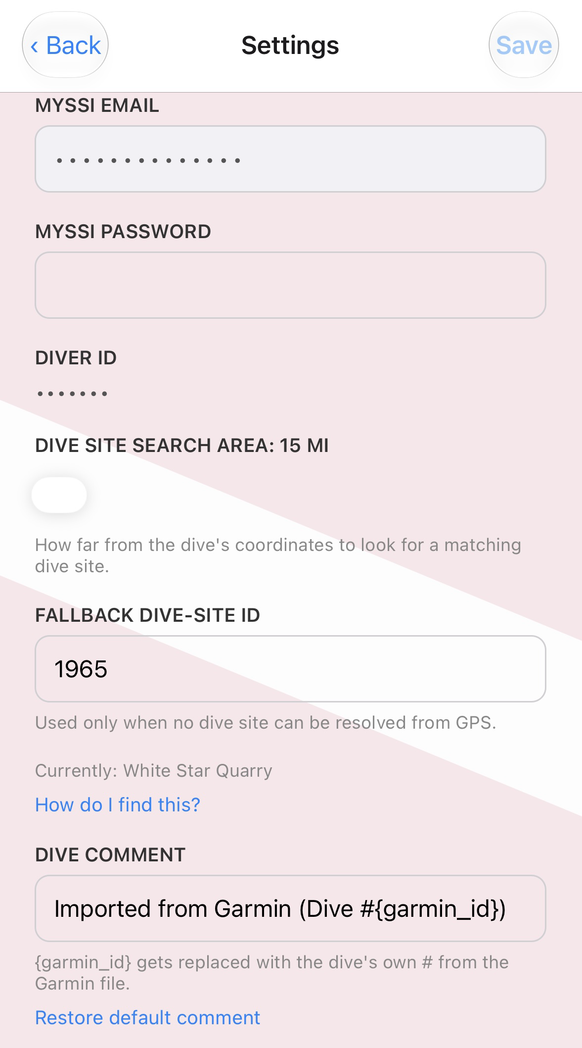 Settings screen showing MySSI email/password, diver ID, dive site search area, and fallback dive-site ID fields