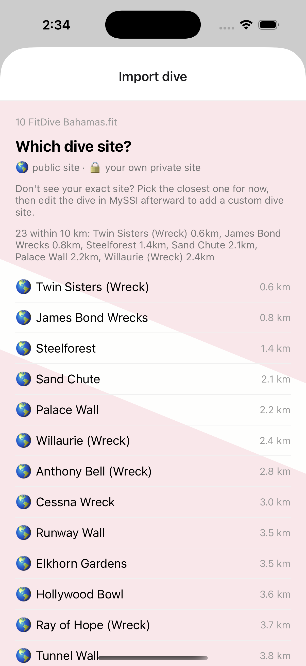 FitDive's site picker, listing nearby MySSI dive sites by distance with public/private markers
